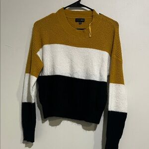 Mustard White Black Colorblock Crewneck Sweater